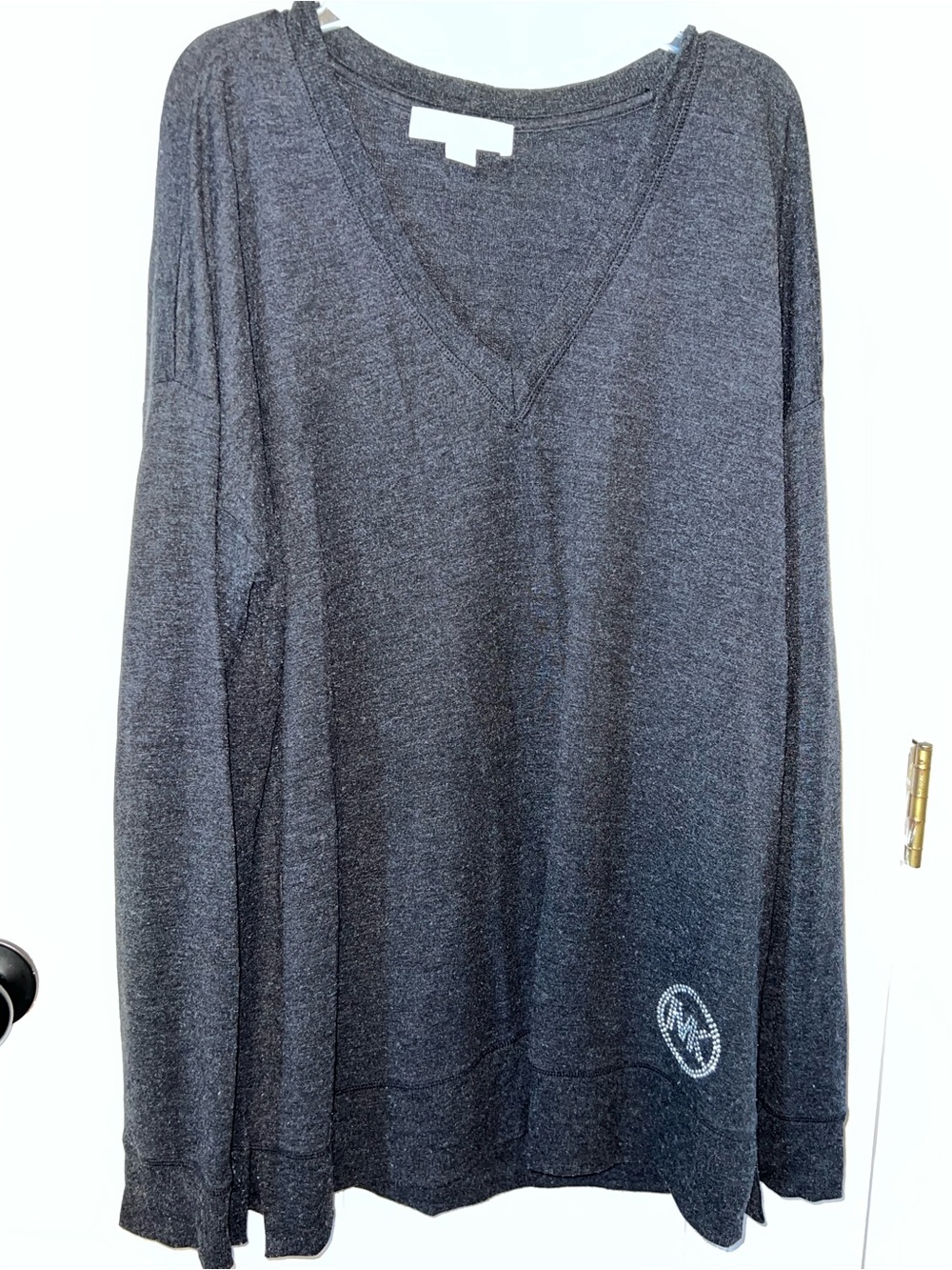 Michael Kors XL Gray Oversized V Neck Rhinestone Logo Tunic Top